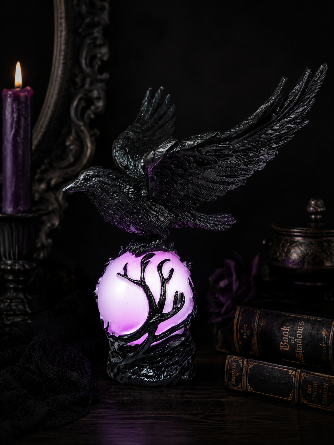 Hollow Hearth Resin Raven Moon Lamp